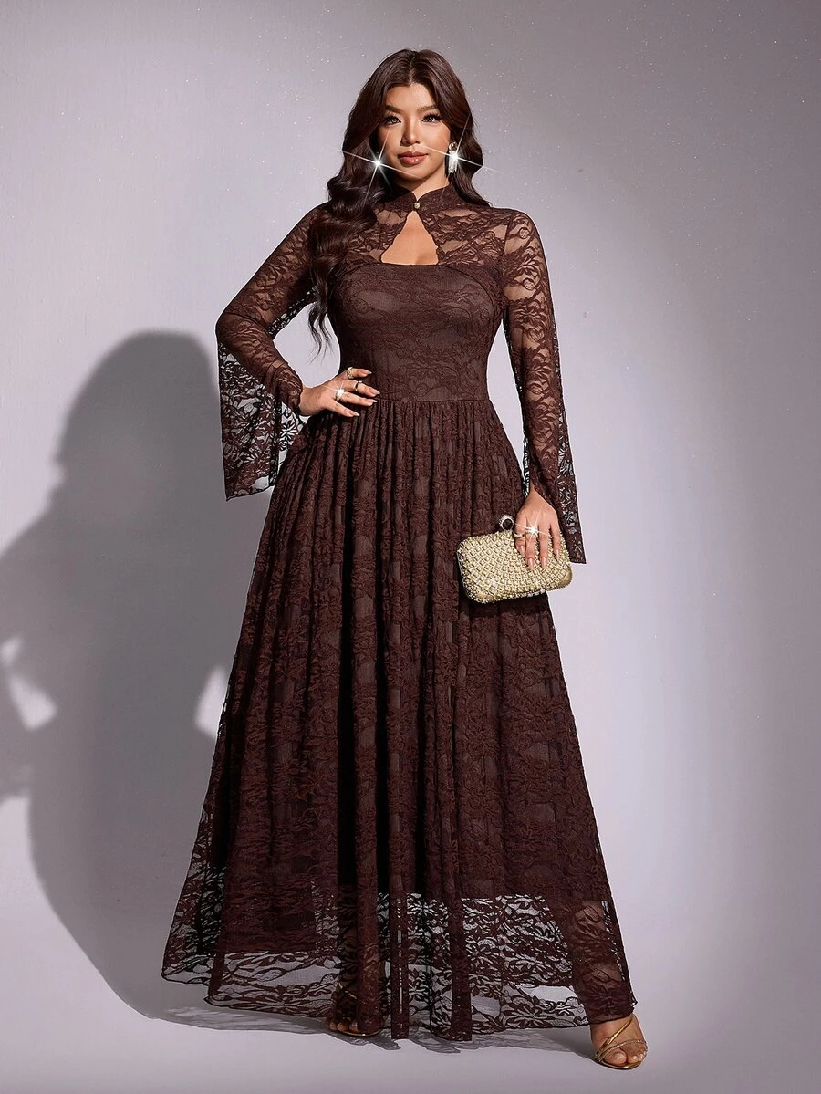 Viva Relle Romantic Lace Long Sleeve Cinched Waist A-Line Full Skirt Maxi Dress - Brown - View 1