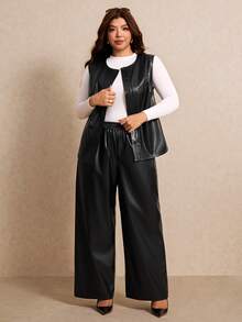 Elaquor Plus Size Elegant Goth Button PU Material Vest Jacket And Loose Long Pants 2 Pieces Set Office Going Out Evening Party Fall/Winter Black - Black - View 5