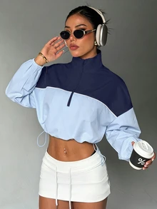 Easithlete 女款寬鬆白色半拉鍊長袖運動衛衣，對比色羅紋拼接，抽繩下擺，梭織面料，休閒穿搭，秋季 - 彩色 - 查看 3