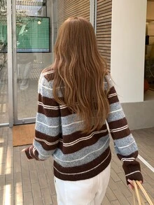 DAZY Women's Collared Striped Korean Style Long Sleeve Sweater - Multicolor - View 2