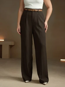 Anewsta Plus Size Women's Solid Color Pocket Casual Daily Suit Pants - Coffee Brown - View 3