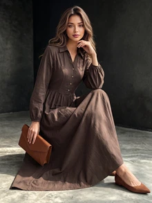 Editum Women's Coffee Brown Elegant Commute Casual Shirt-Style V-Neck Long Dress With Button Decor And Ruched Detail, Slimming And Neck-Elongating - Coffee Brown - View 3