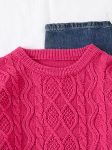 SHEIN Tween Girl Cable Knit Crew Neck Long Sleeve Casual Loose Sweater - Red - View 3