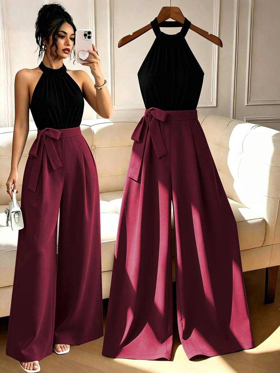 GlowEve Fashionable Elegant Commute 2 In 1 Cold Shoulder Round Neck Tank Top Wide Leg Pants Jumpsuit - Burgundy - View 1