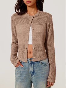 SHEIN BASICS 女款優雅鏤空鈕扣針織薄款開襟衫 - 卡其色 - 查看 7
