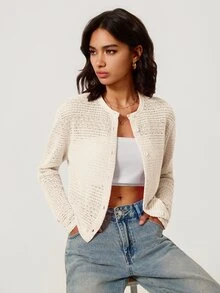 SHEIN BASICS كارديجان نسائي بسيط بأزرار وتصميم مفرغ محبوك رقيق - لون مشمشي - مشاهدة 2