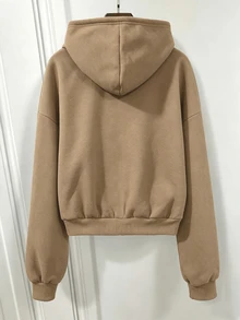 SHEIN 青少年女孩秋季灰色拉鍊式落肩長袖寬鬆休閒衛衣外套，寬鬆抓絨內裡基礎休閒衛衣外套 - 卡其色 - 查看 2