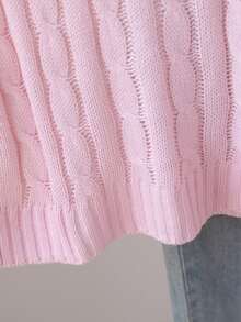 SHEIN 青少年女孩粉色騎士刺繡麻花編織V領毛衣，學院風，適合秋冬穿著 - 粉色 - 查看 4