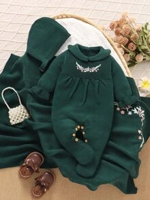 SHEIN 粉色嬰兒針織連身衣，精緻刺繡彼得潘領，連腳連身褲 3 件套，帽子 + 編織毯，新生兒套裝 - 墨綠色 - 查看 4