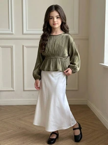 Dazy Kids Tween Girl Fashion Ruched Waist Long Sleeve Blouse - Army Green - View 5
