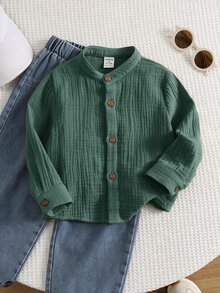 SHEIN 男嬰夏季秋季休閒百搭白色克ريب長袖立領襯衫 白色襯衫 返校時尚 - 綠色 - 查看 3