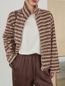 Dazy-Less Jaket Wanita Regular Bergaris Warna Blok dengan Resleting dan Kerah Tegak, Cocok untuk Musim Gugur/Dingin - Coffee Brown - View 1