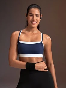 Powerista Women's Blue + White Colorblock Sports Bra With Double Shoulder Straps - Blue - View 2