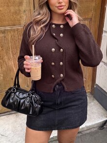 Vionelle Plus Size Luxury Asymmetrical Placket Metal Button Cardigan Sweater For Commuting And Dating - Coffee Brown - View 5