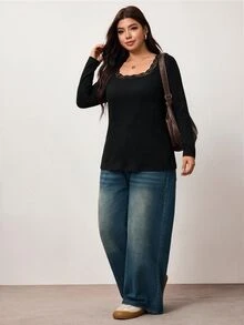 Enliva Plus Size Women's Cotton Blend Long Sleeve T Shirt Square Neck Casual Basic Top Flattering Compatible With Apple Shape - Black - View 3