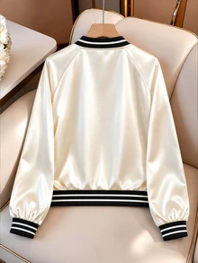Plus Size Satin Short Baseball Jacket For Women, Contrast Striped Ribbed Collar Zipper Jacket, Casual Versatile Slimming Long Sleeve Jacket - Apricot - View 2
