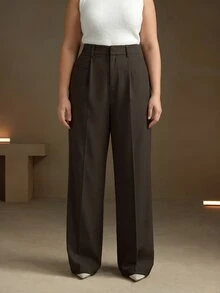 Anewsta Plus Size Women's Solid Color Pocket Casual Daily Suit Pants - Coffee Brown - View 5
