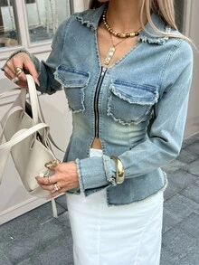 Livesso Women's Light Blue Washed Distressed Collar Zipper Pocket Raw Hem Cinched Waist Slim Fit Long Sleeve Denim Jacket - Blue - View 4