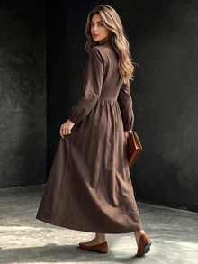 Editum Women's Coffee Brown Elegant Commute Casual Shirt-Style V-Neck Long Dress With Button Decor And Ruched Detail, Slimming And Neck-Elongating - Coffee Brown - View 2