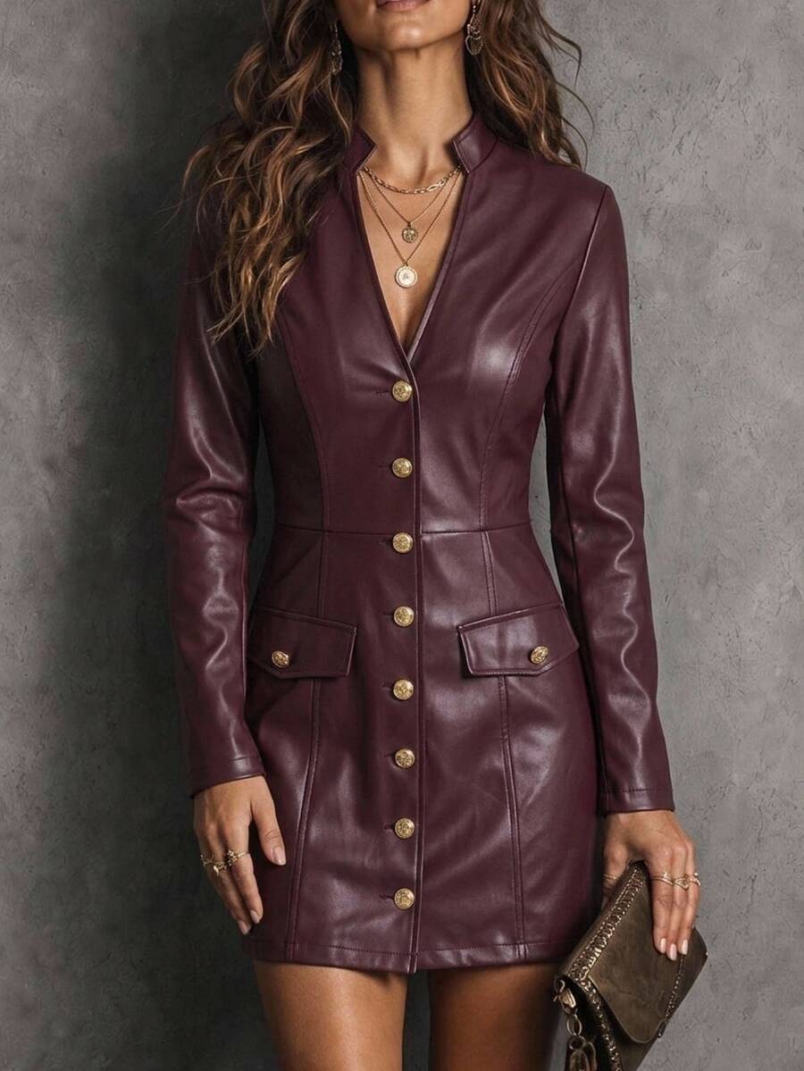 Solivie Women's Autumn/Winter Short Stand Collar Burgundy PU Leather Dress Party Dress Country Concert Outfit Vintage - Burgundy - View 1