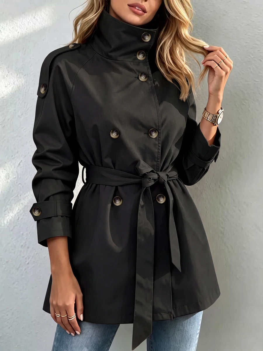 SHEIN Classic Women's Short Windbreaker, Perfect For Office Wear In Autumn And Winter Or As An Outer Layer - Black - View 1