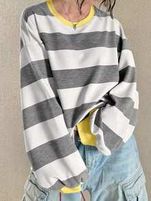 FRIFUL 女款藍白條紋圓領落肩長袖休閒街頭風T恤，適合校園秋季穿搭 - 黃色 - 查看 3