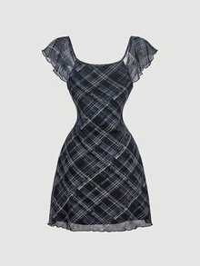Skyraze Women's Plaid Front Tie Ruffle Sleeve Fashion Mini Dress - Black - View 2