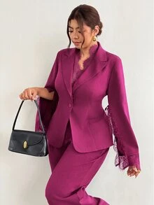 Firerie 大尺碼女款優雅蕾絲拼接披肩袖西裝外套，適合婚禮賓客、秋冬優雅辦公商務工作穿搭 - 中紫紅色 - 查看 6