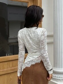 Serisse تي شيرت نسائي حلو الدانتيل ذو حافة غير متماثلة وأكمام طويلة - لون مشمشي - مشاهدة 2