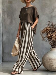 SHEIN Holidaya Women Solid Batwing Short Sleeve Top & Vertical Stripe Wide Leg Pants Set, Casual Loose Fit Two Pieces Outfit For Summer - Brown - View 3