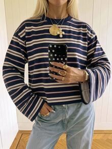 SHEIN EZwear 女款休閒圓領寬鬆長袖條紋T恤，街頭風秋季上衣，適合日常通勤、聚會、夏季、聖誕節、新年、感恩節、派對、婚禮、海灘、出遊、約會、情人節，優雅度假Y2K風格 - 彩色 - 查看 6