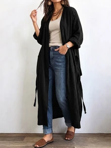 Linhara CURVE Jaket Linen Panjang Kasual Wanita, Pakaian Luar Kasual untuk Jalan-jalan dan Berpergian - Hitam - View 3