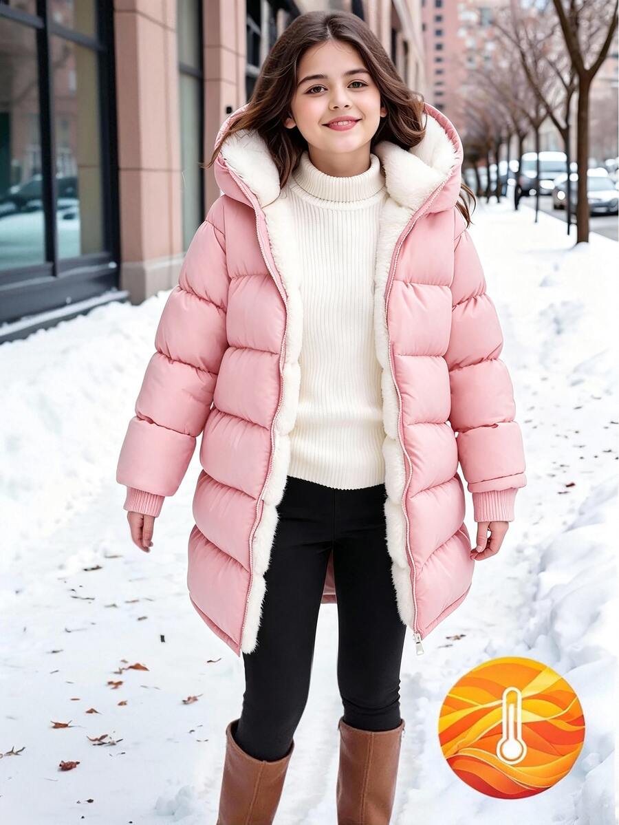 SHEIN 1件少女中長款長袖加厚外套，內裡刷毛，舒適保暖，純色 - 粉色 - 查看 1