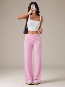SHEIN Tall 黑色高腰寬腿寬鬆休閒長褲 - 粉色 - 查看 7