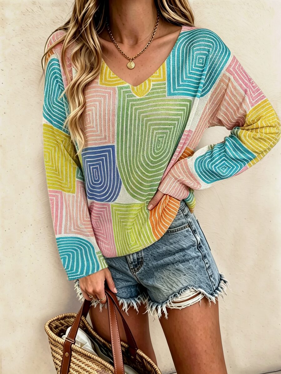 Vaclyn Women's V-Neck Long Sleeve Striped Loose Casual Sweater - Multicolor - View 1