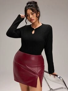 SHEIN BASICS Plus Size Solid Color Ribbed Knit Long Sleeve Crew Neck Sweater - Black - View 2