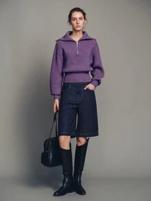MOTF PREMIUM Autumn/Winter Urban Chic High Neck Half-Zip Dropped Shoulder Cropped Sweater - Mauve Purple - View 5