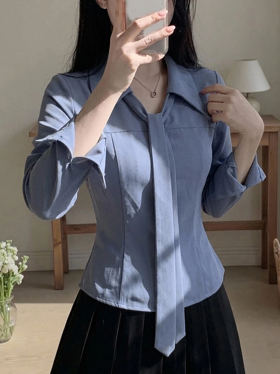 DAZY 女款素色休閒百搭日常穿著襯衫 - 藍色 - 查看 1