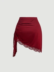 SHEIN MOD 女款蕾絲拼接百褶休閒日常迷你裙 - 酒紅色 - 查看 2