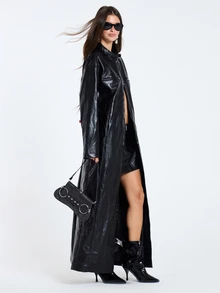 MUSERA Black PU Long Line Zip Detail Maxi Coat Jacket Fall Winter Women Outfit Casual - Black - View 2