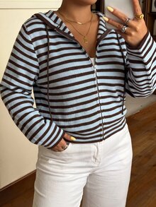 Muchica Plus Size Women's Striped Long Sleeve Zip-Up Hooded Knit Cardigan - Multicolor - View 6