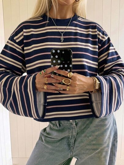 SHEIN EZwear Women's Casual Round Neck Oversized Long Sleeve T-Shirt, Striped T-Shirt, Women's Streetwear, Autumn Clothing, Suitable For Daily Commute, Gathering, Summer, Christmas, New Year, Thanksgiving, Party, Wedding, Beach, Outing, Date, Valentine's Day, Elegant, Vacation, Y2K