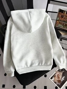 SHEIN 女童春季連帽拉鍊外套 針織面料 寬鬆版型 淺灰色 街頭健身校園穿搭 街頭風 寬大款 - 灰色 - 查看 2