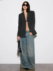 BAD SUNDAY Women's Striped Blazer Suit Set, Autumn/Winter, Y2K Millennium Cool Style - Black - View 3