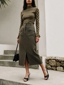 Nöista Misi Skirt Contrast Piping And Front Slit Opening - Khaki - View 1