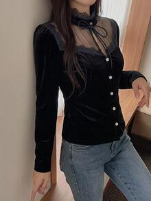 DAZY 女款天鵝絨拼接蕾絲網紗立領領結長袖優雅正式度假風春秋襯衫 - 黑色 - 查看 8