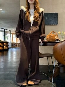 DAZY Women's Solid Color Long Sleeve 2 Pieces Set, Autumn/Winter - Coffee Brown - View 6