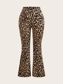SHEIN EZwear Plus Size 2pcs Leopard Print Grey High Waist Crossover Fitted Casual Flare Leg Pants Set, Suitable For Autumn/Winter - Multicolor - View 3