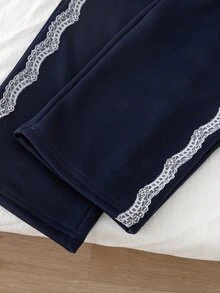SHEIN Casuvi 女童 2 件套：藍色針織圓領長袖衛衣，飾有蝴蝶結與側邊撞色飾邊，搭配寬腿褲，可愛簡約休閒，適合春秋日常穿著、運動與度假 - 藍色 - 查看 8