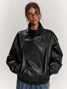 SHEIN BAE 女款純色PU皮革休閒百搭日常長袖夾克 - 黑色 - 查看 4